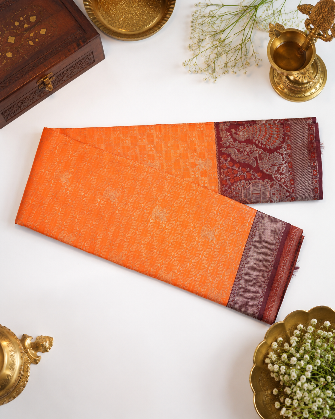 Orange Kanjivaram pure silk saree with gold zari — close-up detail 3 — Vasthara Boutique