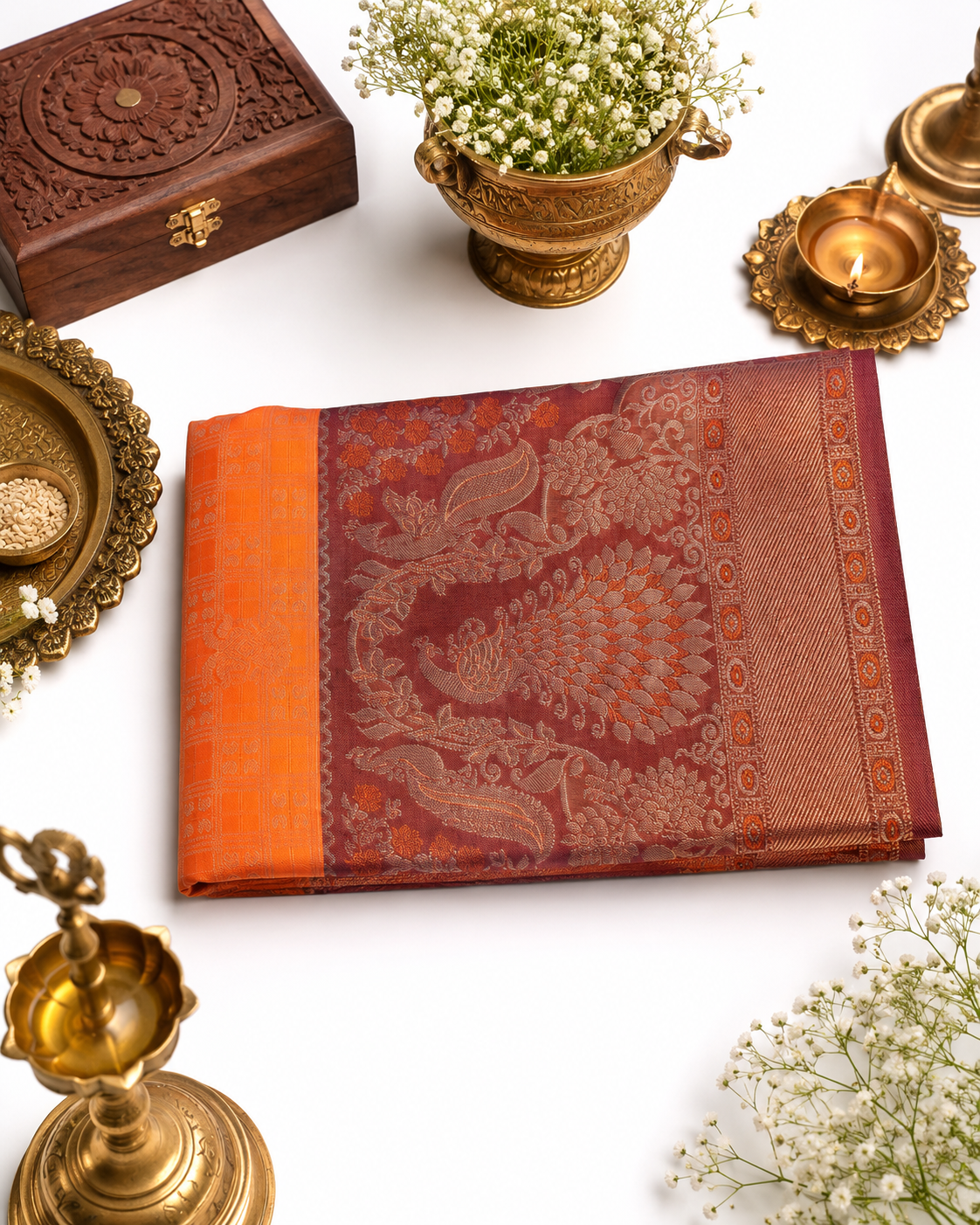 Orange Kanjivaram pure silk saree with gold zari — close-up detail 4 — Vasthara Boutique