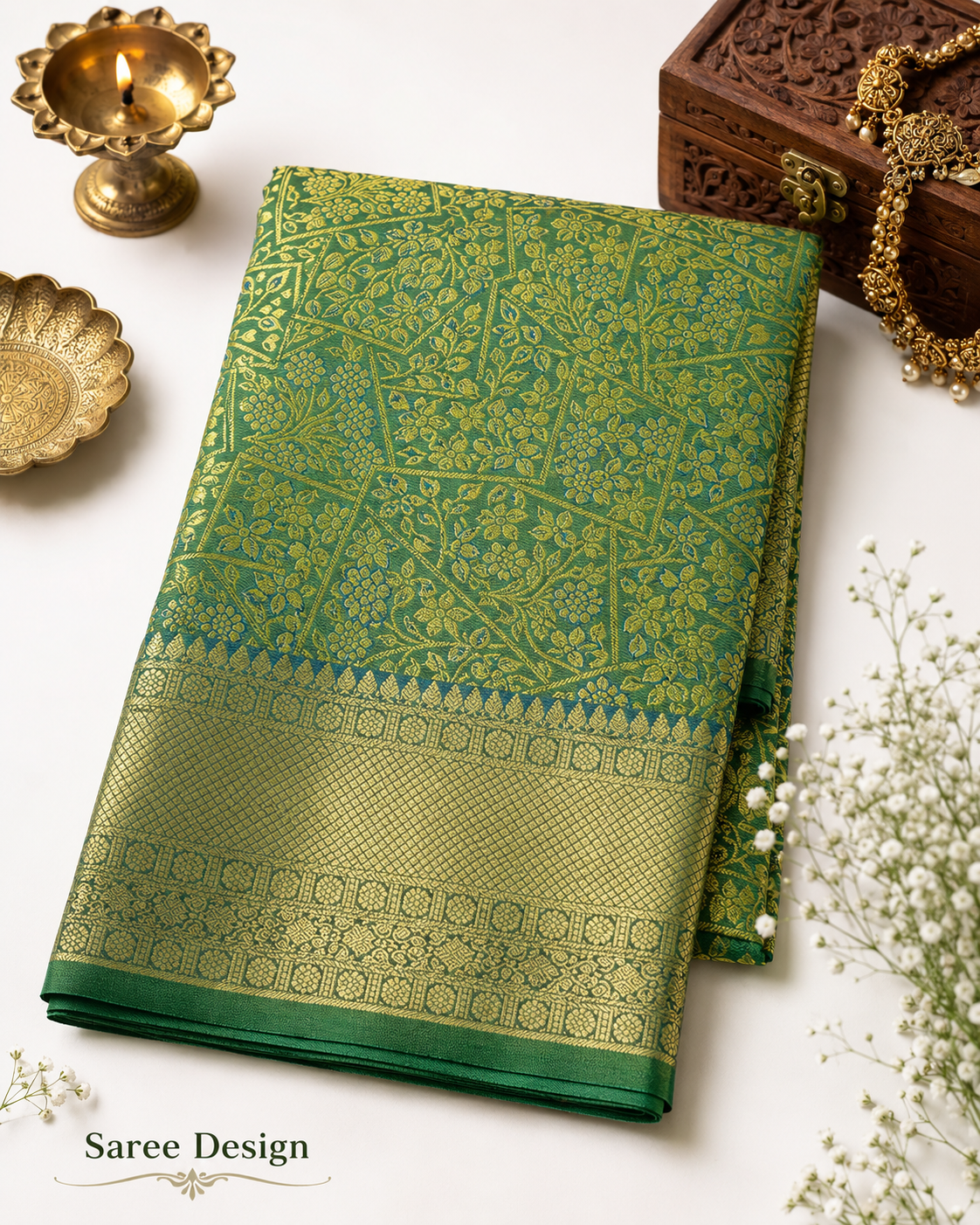 Green saree with gold patterns on a white background
