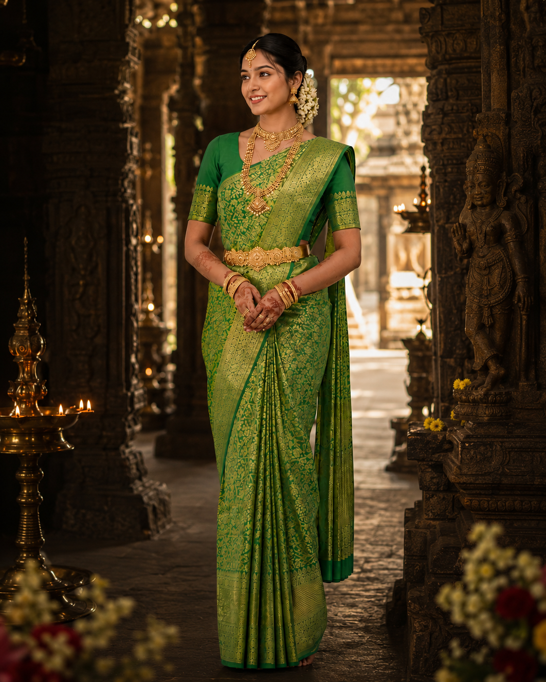 Woman in a green saree standing in a temple setting