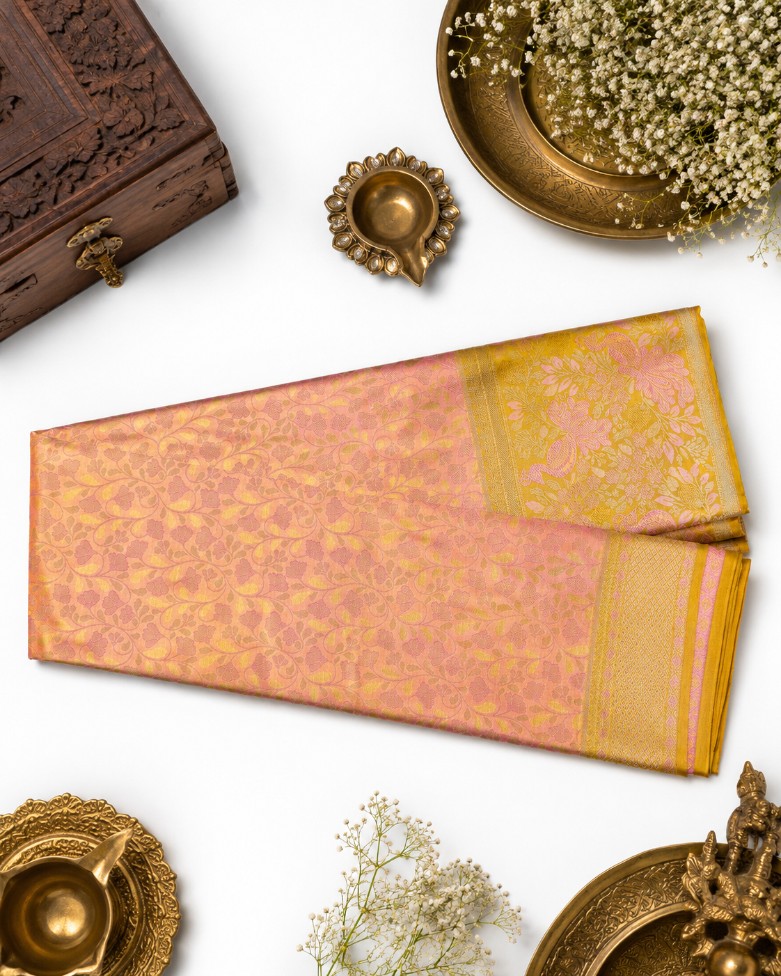 Peach Kanjivaram pure silk saree with gold zari — close-up detail 4 — Vasthara Boutique