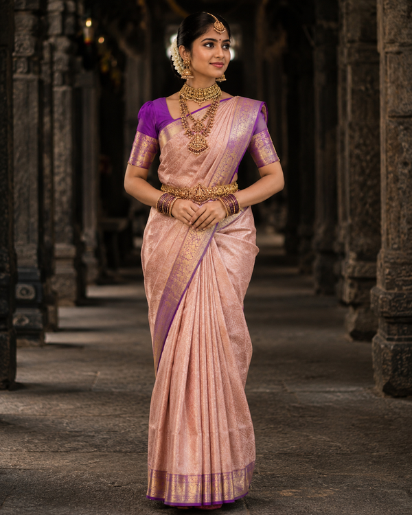 Peach Kanjivaram silk saree with purple border and gold zari, draped on model — Peach Kanjivaram Silk Saree, Vasthara Boutique