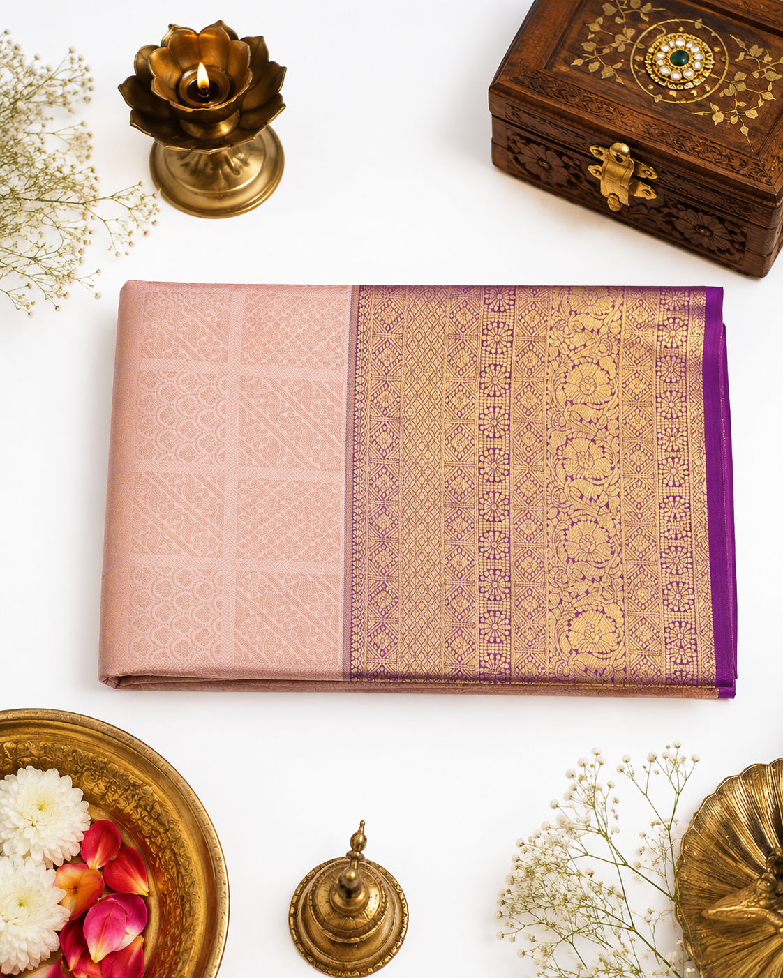 Peach Kanjivaram pure silk saree with gold zari — close-up detail 2 — Vasthara Boutique