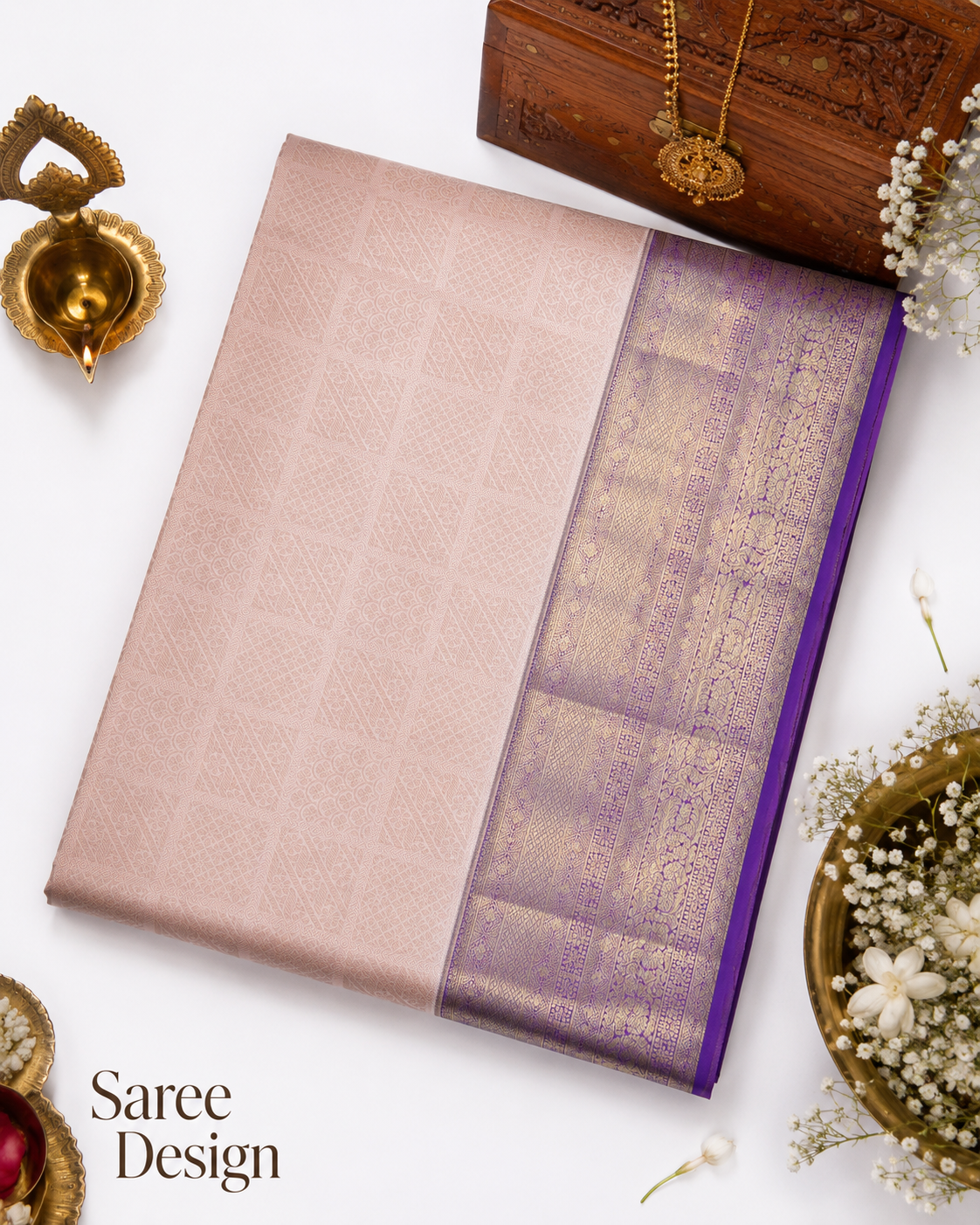 Peach Kanjivaram pure silk saree with gold zari — close-up detail 4 — Vasthara Boutique