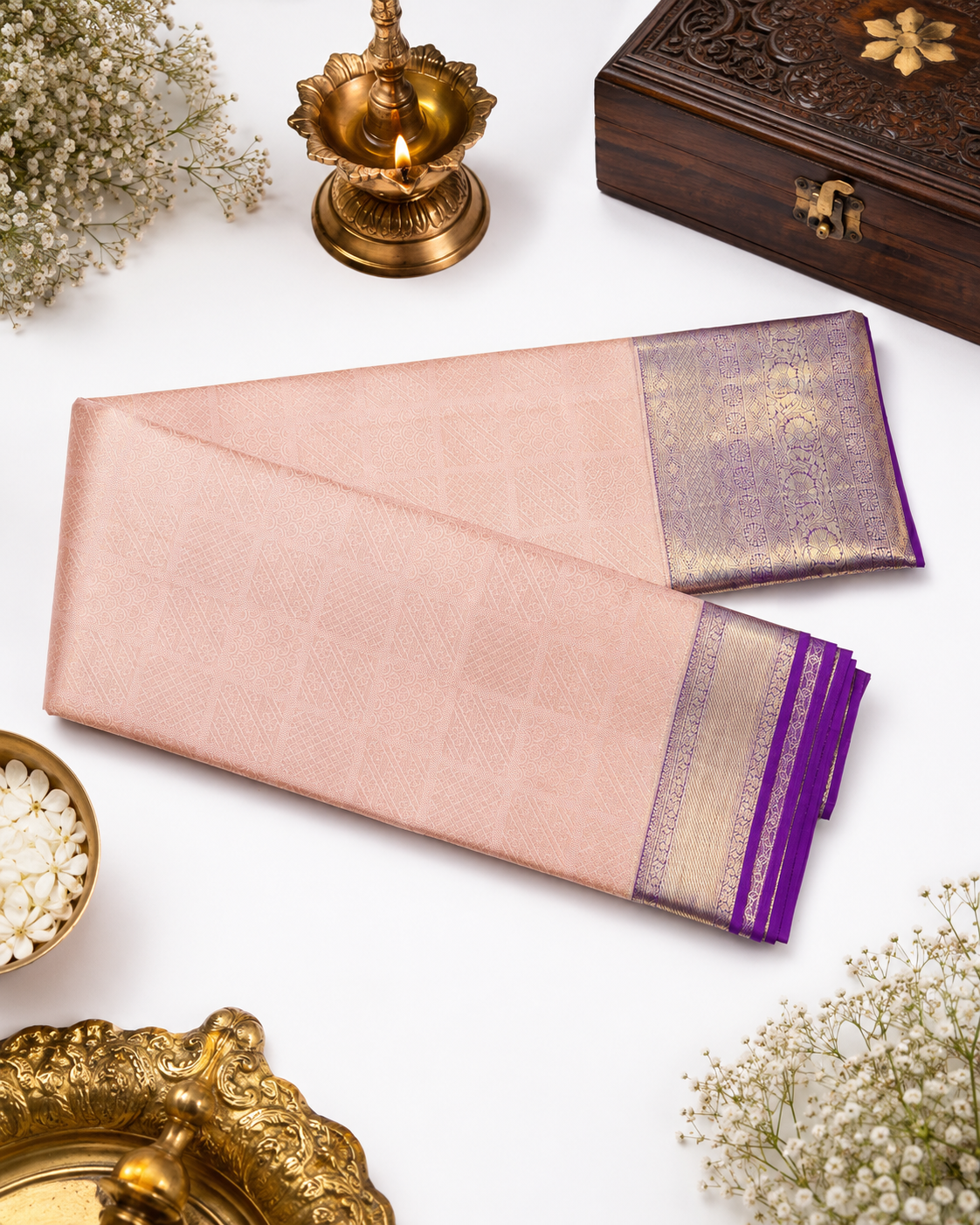 Peach Kanjivaram pure silk saree with gold zari — close-up detail 5 — Vasthara Boutique