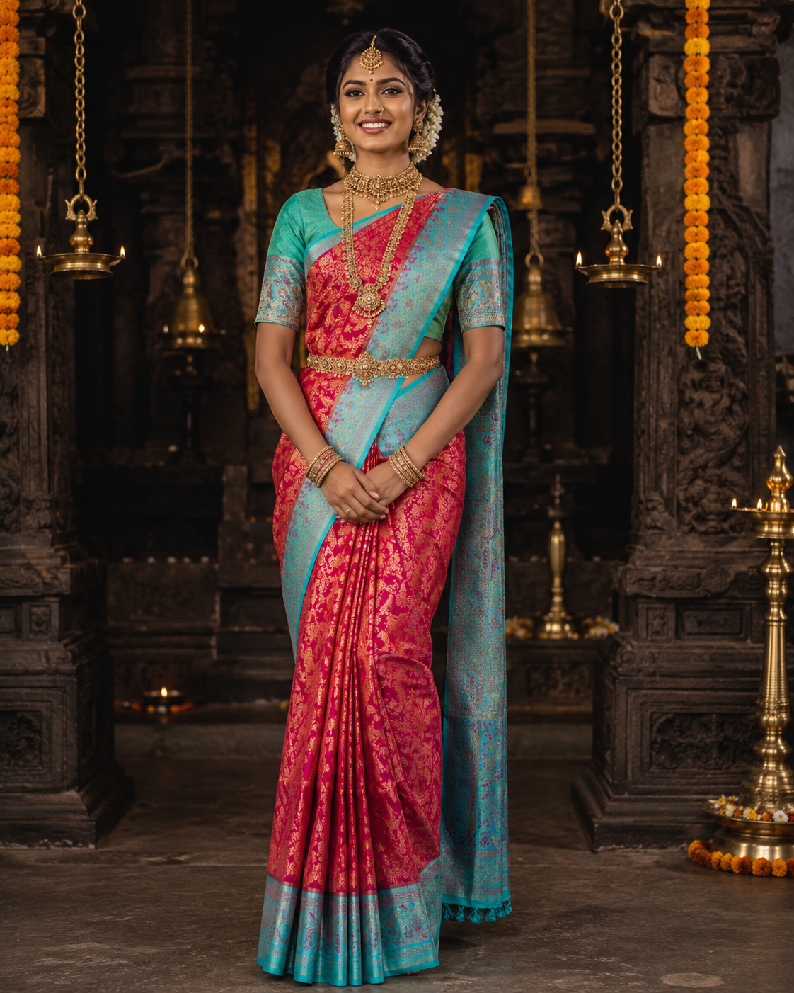 Pink Kanjivaram silk saree with teal border and gold zari, draped on model — Pink & Teal Kanjivaram Silk Saree, Vasthara Boutique