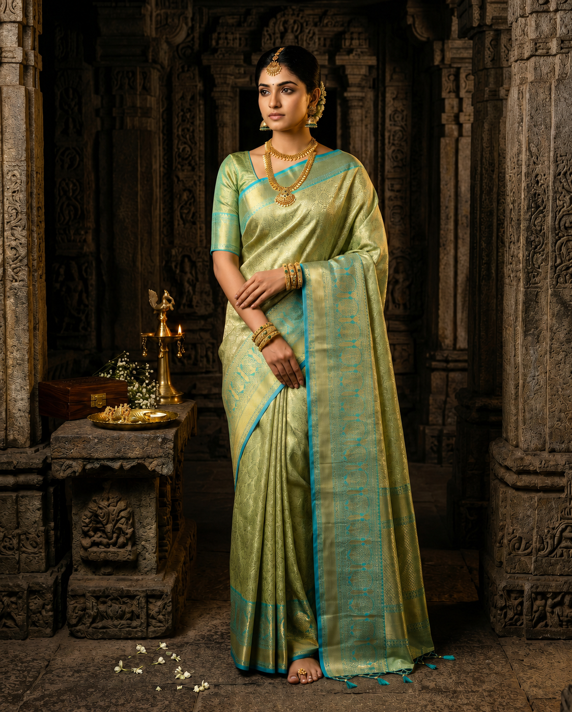 Woman in a traditional saree standing in an ancient temple setting