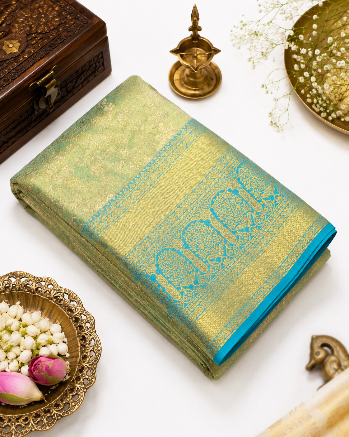 Folded green and blue saree with decorative patterns on a white surface with decorative items.