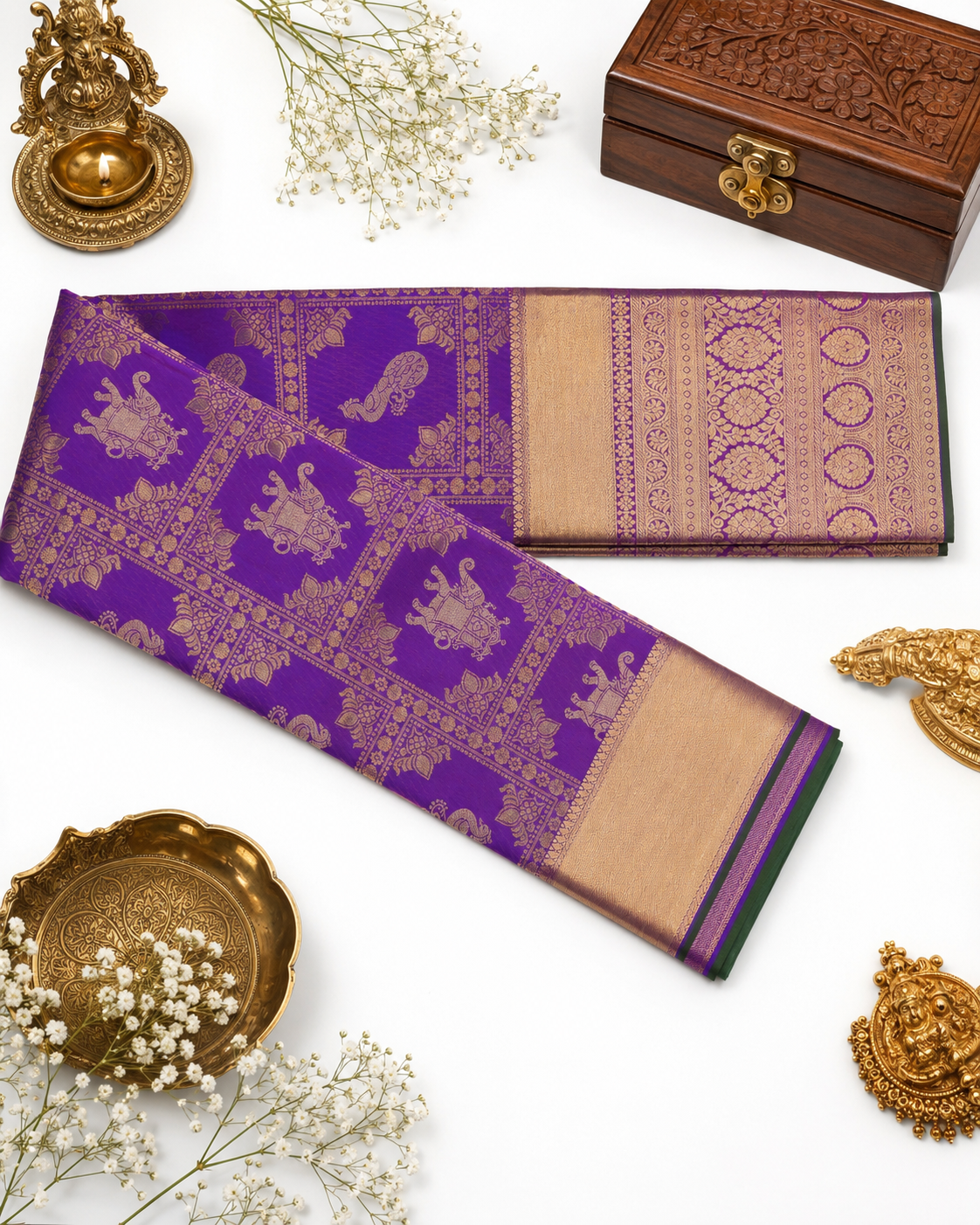 Plum purple Kanjivaram pure silk saree with gold zari — close-up detail 2 — Vasthara Boutique