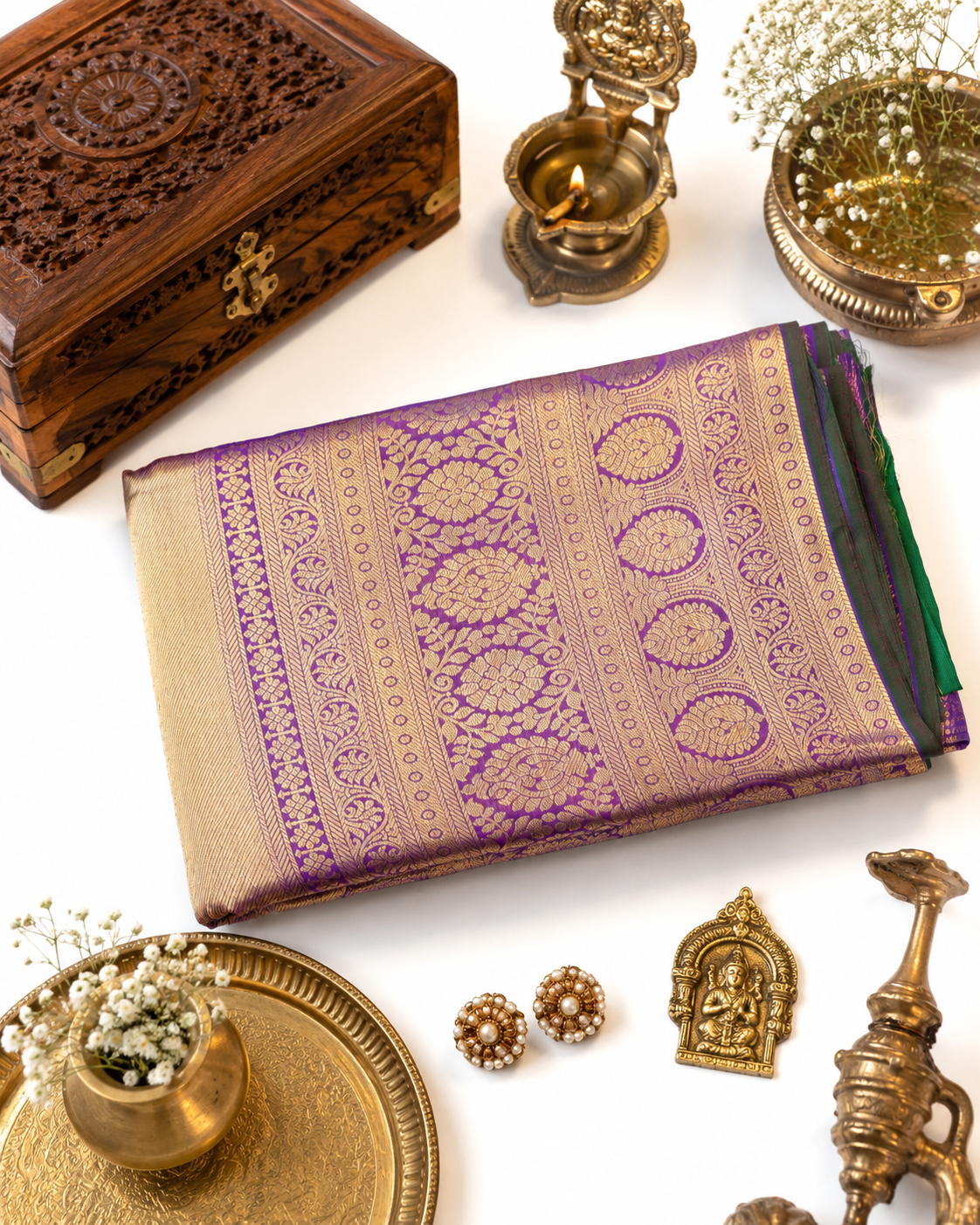 Plum purple Kanjivaram pure silk saree with gold zari — close-up detail 4 — Vasthara Boutique