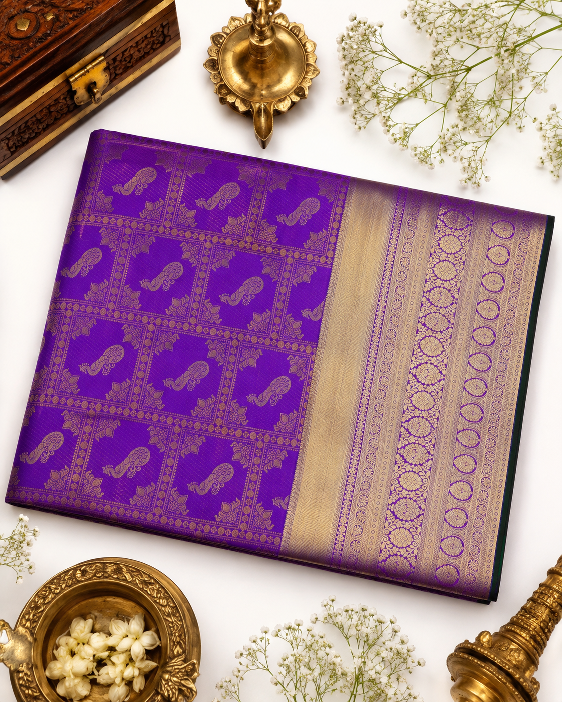 Plum purple Kanjivaram pure silk saree with gold zari — close-up detail 5 — Vasthara Boutique