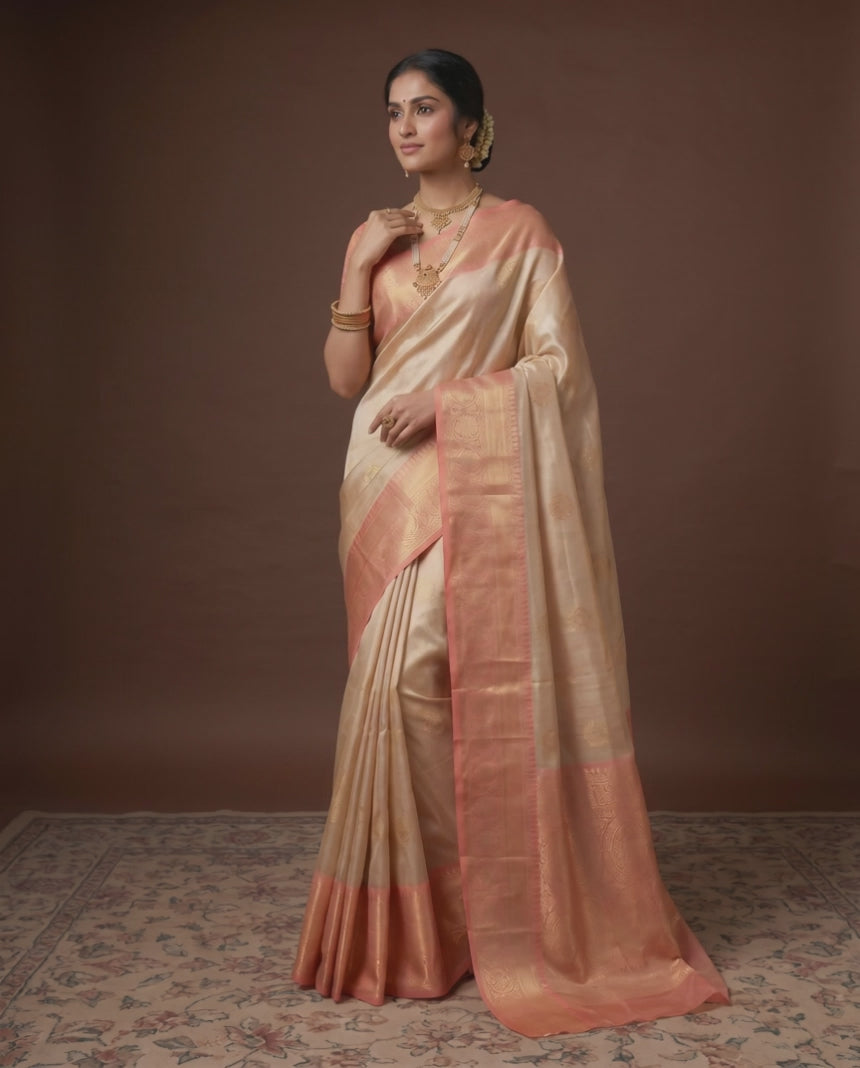 Cream Kanjivaram Silk Saree With Contrast Border And Pallu