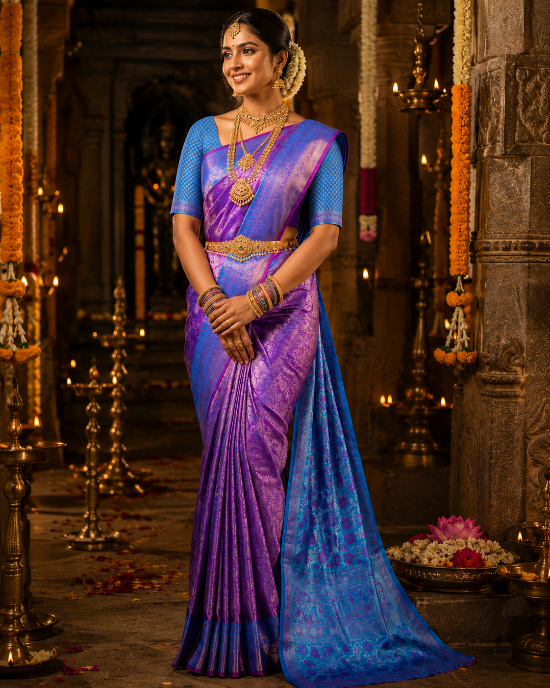 Purple Kanjivaram pure silk saree with gold zari — close-up detail 6 — Vasthara Boutique