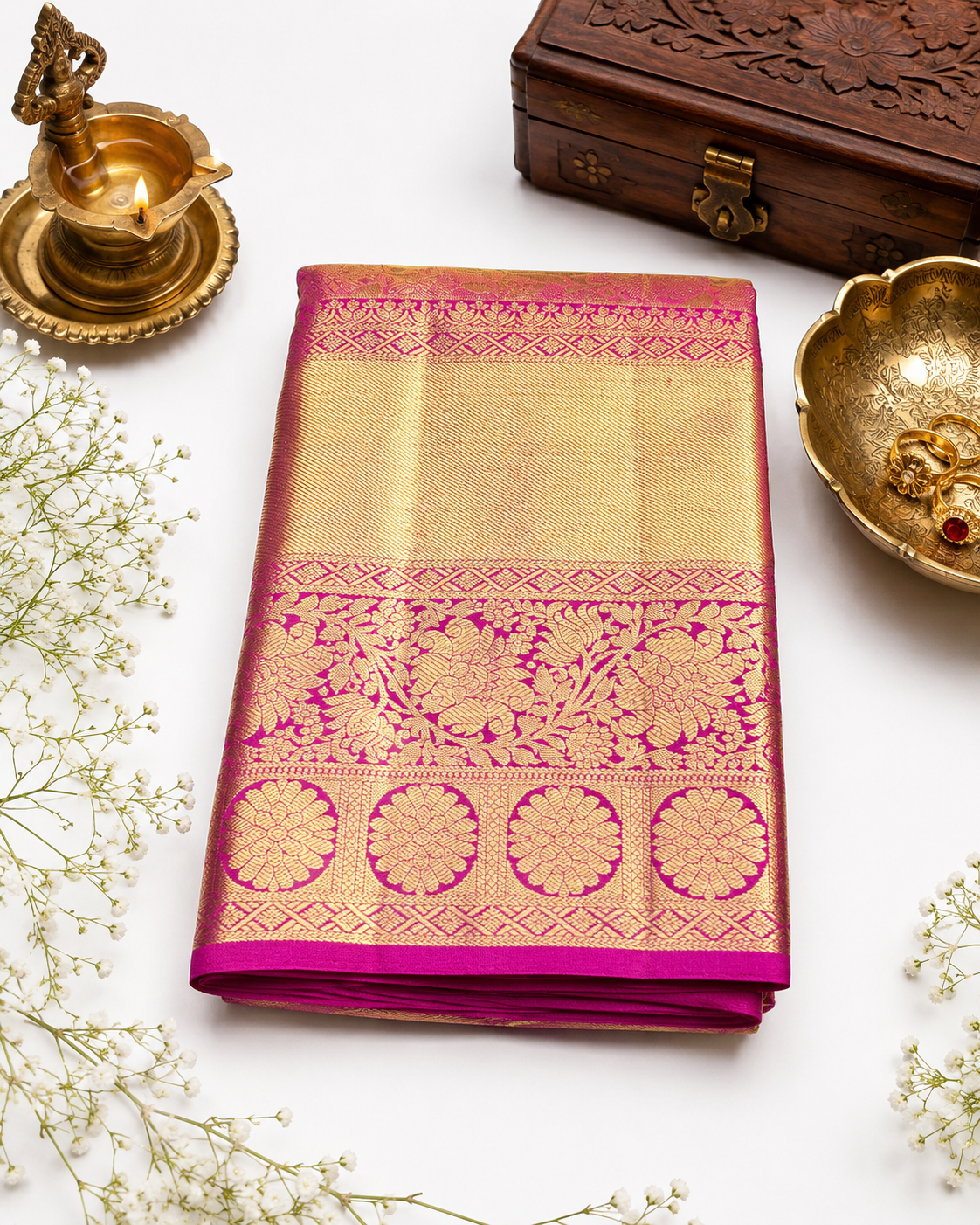 Pink and gold saree with decorative elements on a white background
