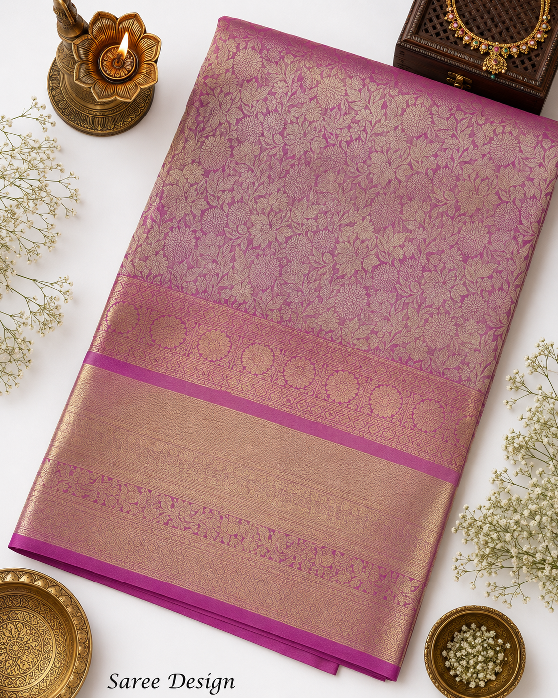 Pink and brown saree with decorative elements on a white background