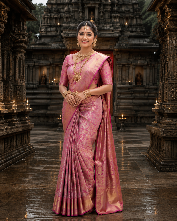 Woman in a pink saree standing in a temple setting
