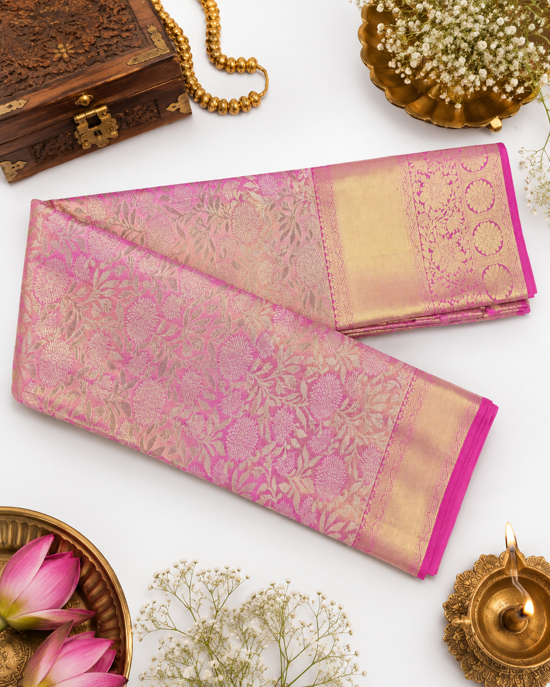 Pink saree with gold border on a white background