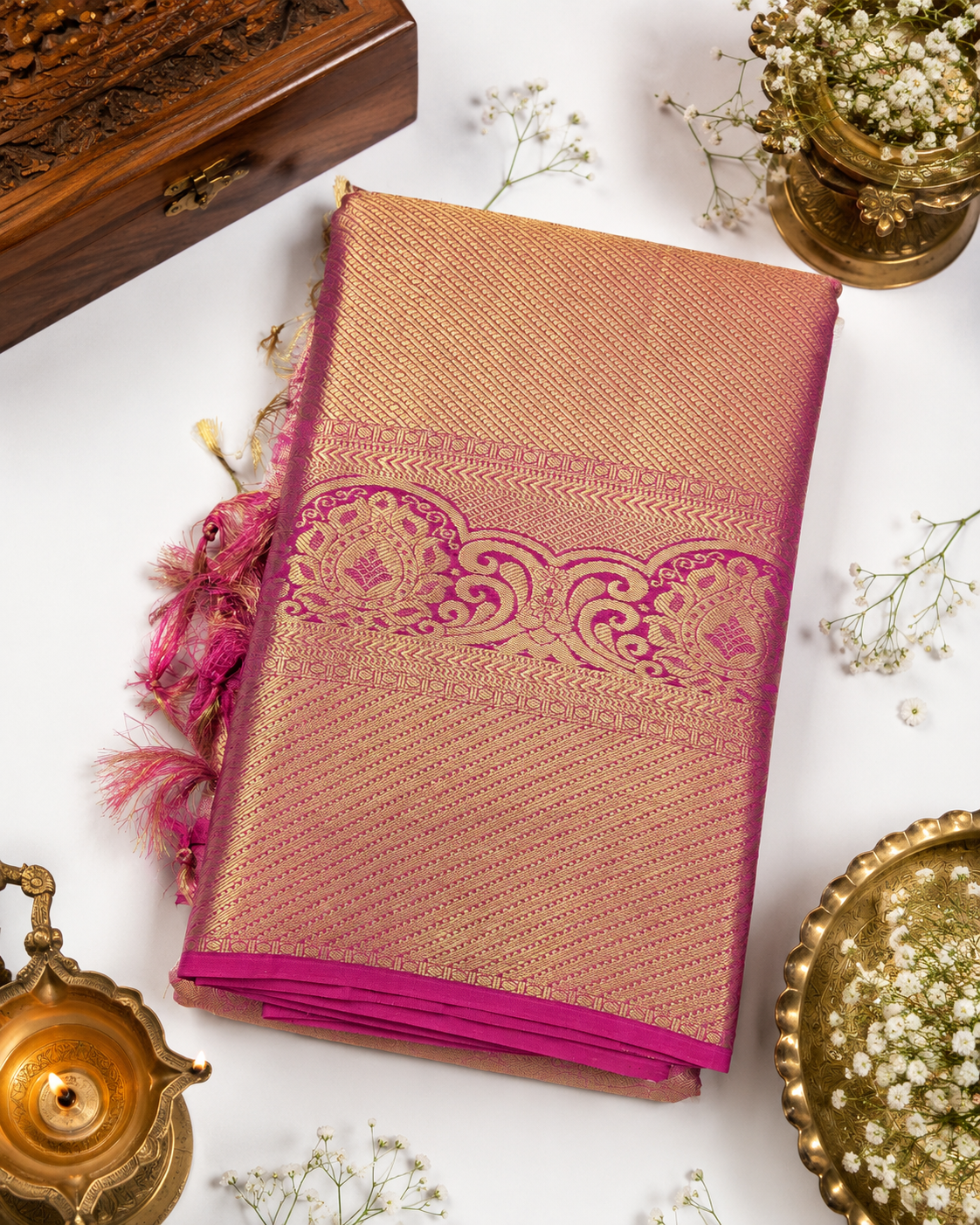 Pink and gold saree with decorative elements on a white background