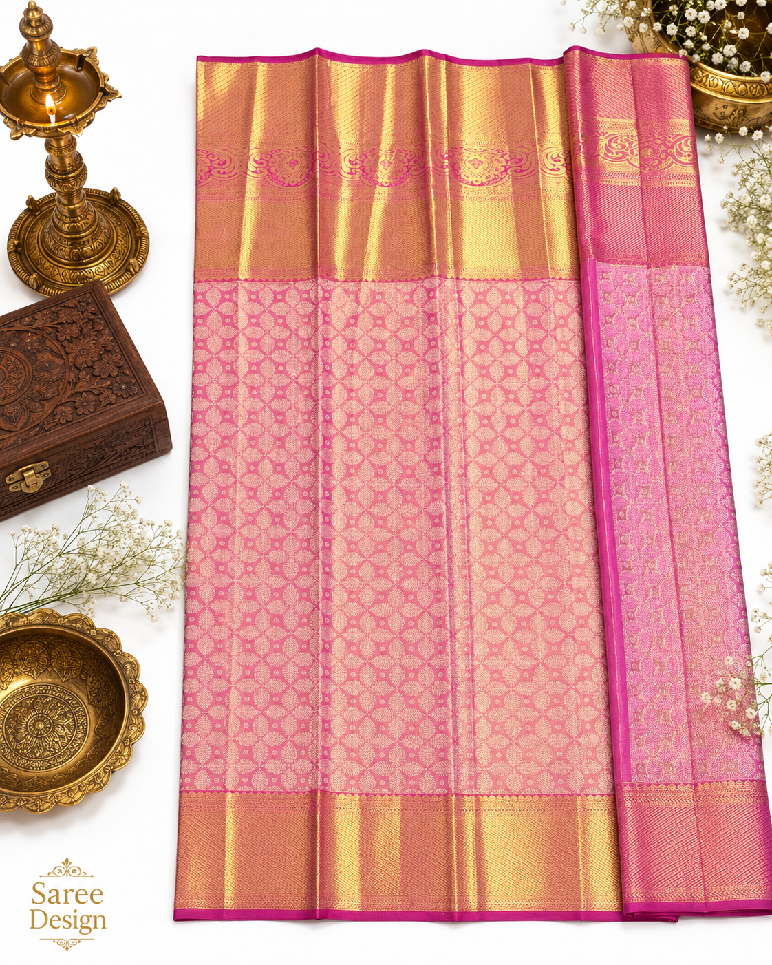 Pink saree with gold border on a white background