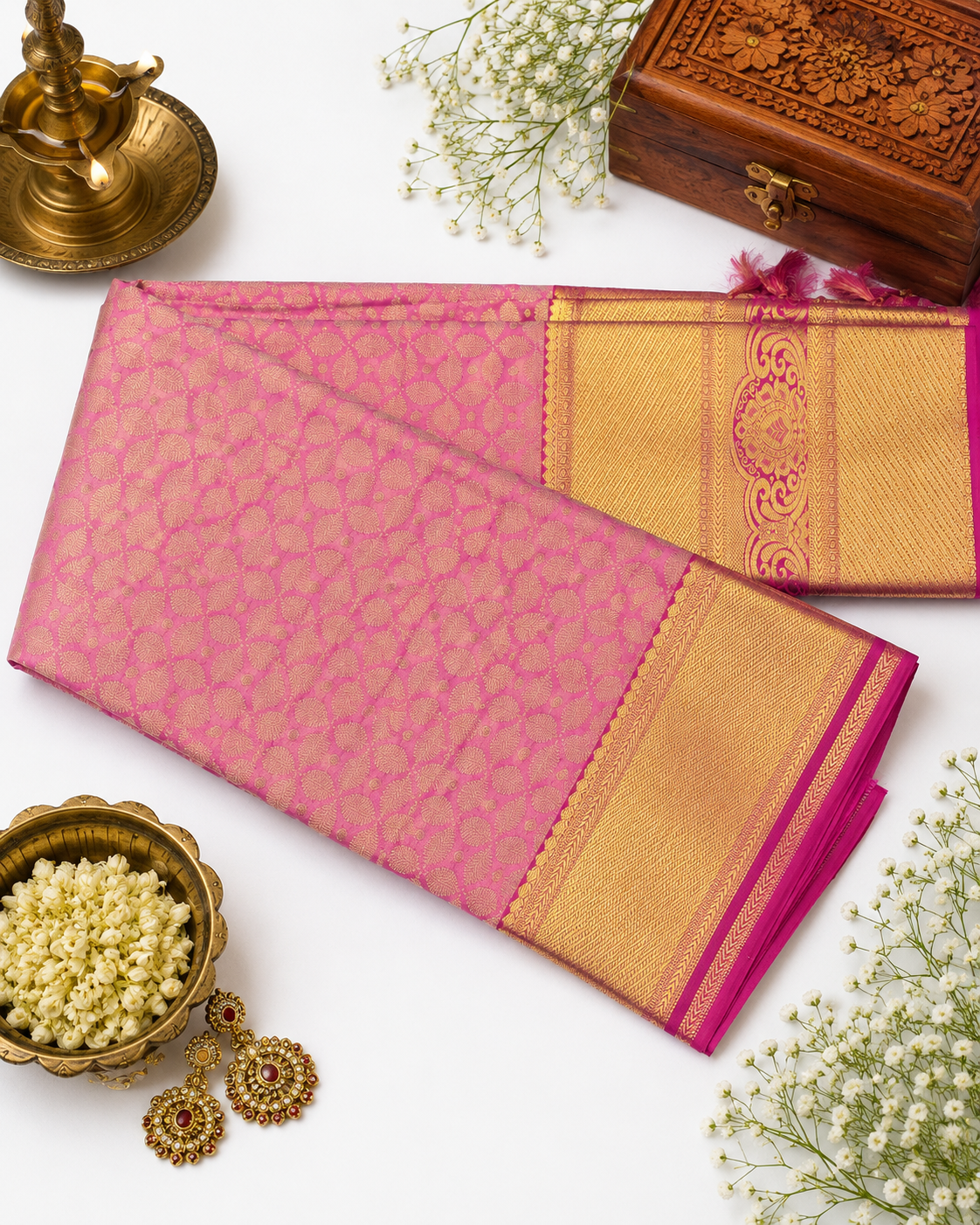 Pink and gold saree with decorative elements on a white background