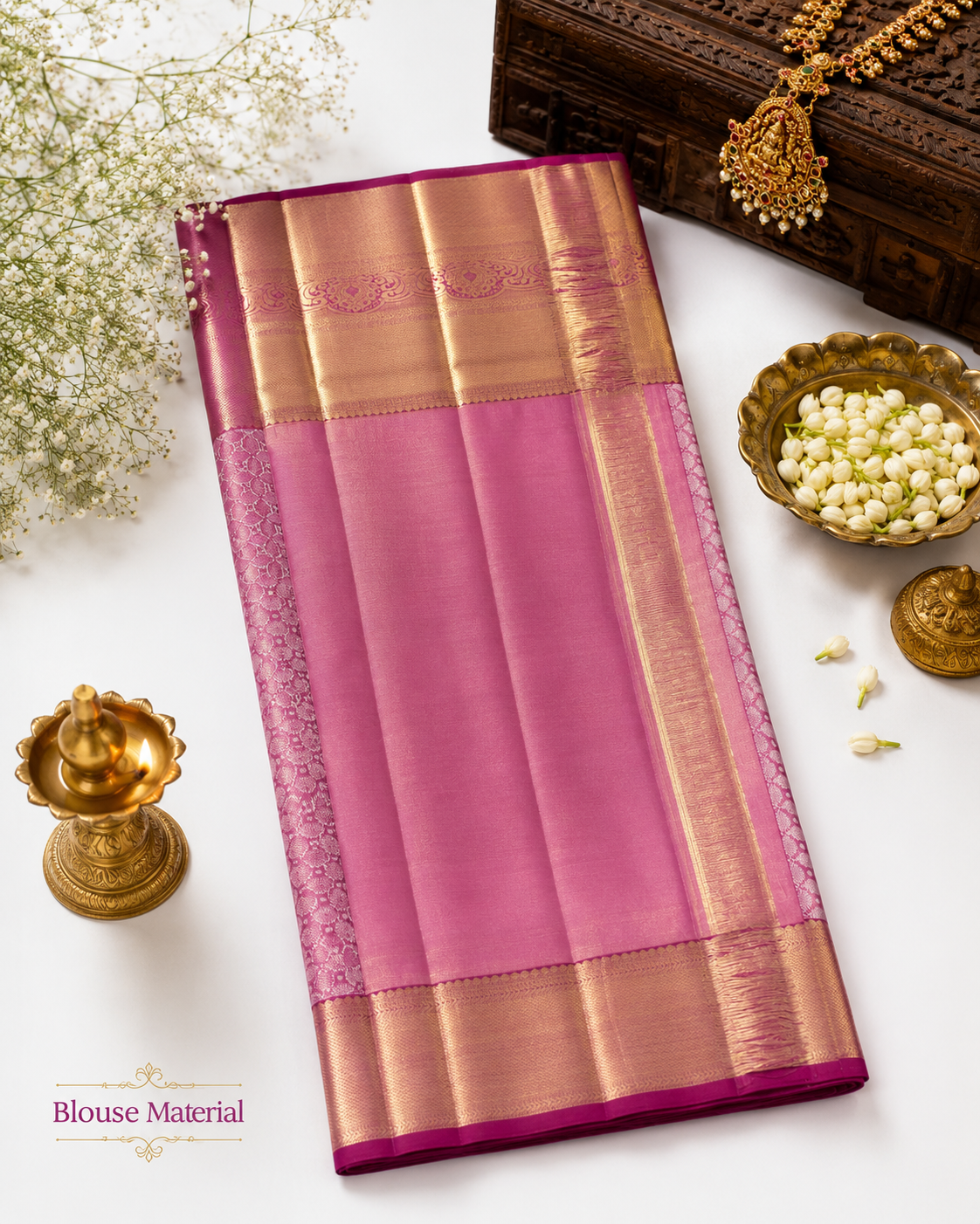 Pink saree with gold border on a white background