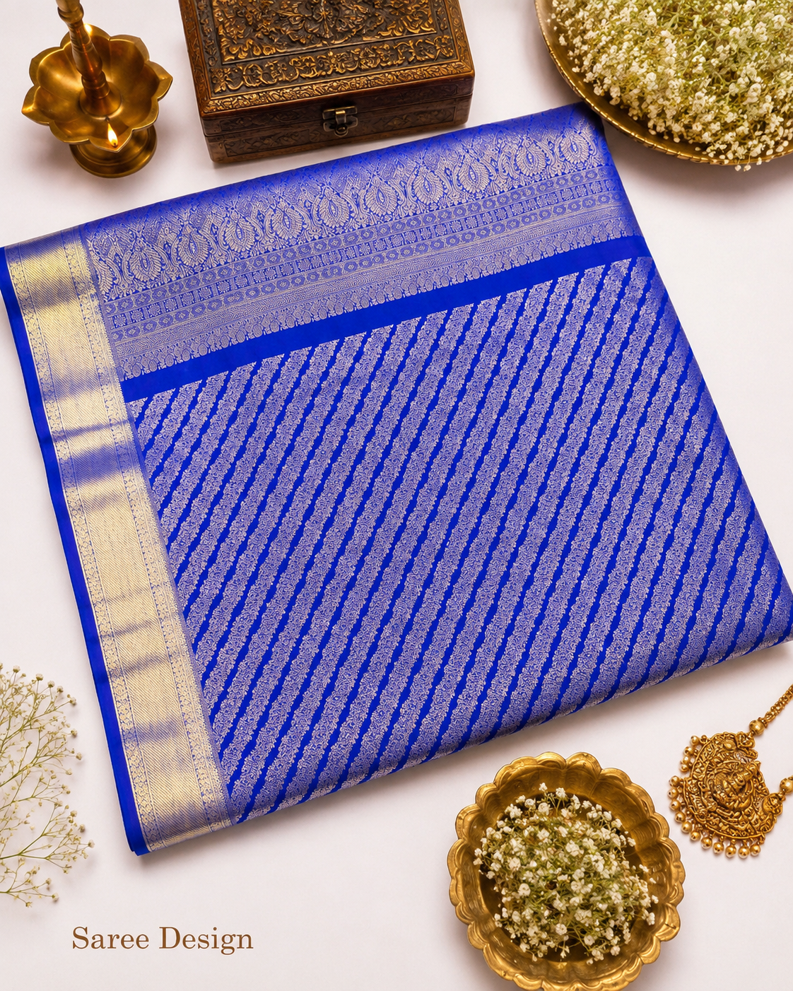 Blue saree with gold border on a white background