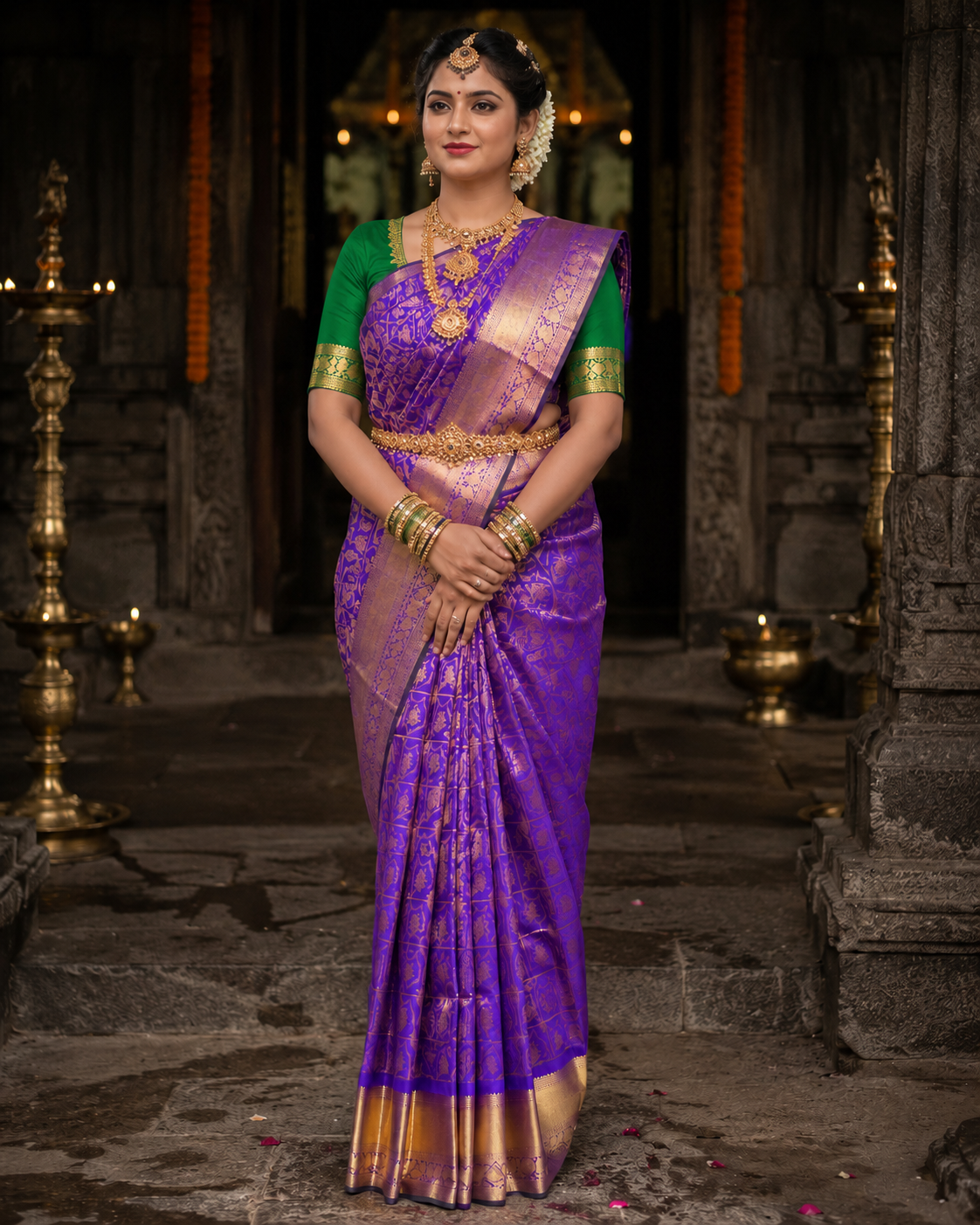 Royal purple Kanjivaram silk saree with green border and gold zari, draped on model — Royal Purple Kanjivaram Silk Saree, Vasthara Boutique