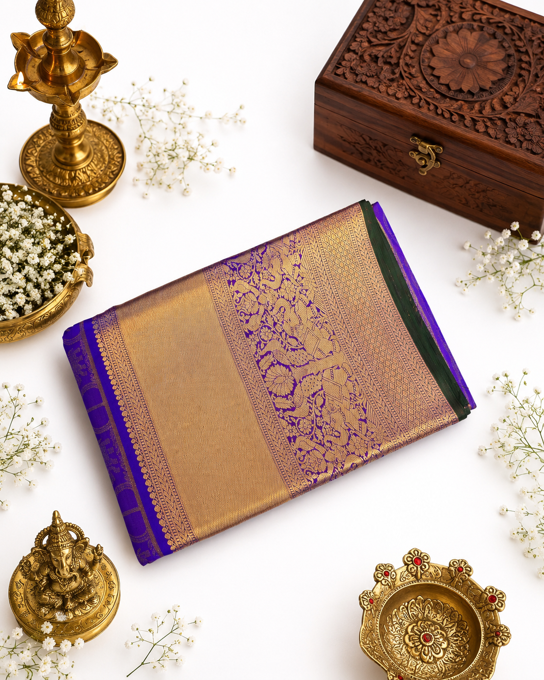 Royal purple Kanjivaram pure silk saree with gold zari — close-up detail 2 — Vasthara Boutique