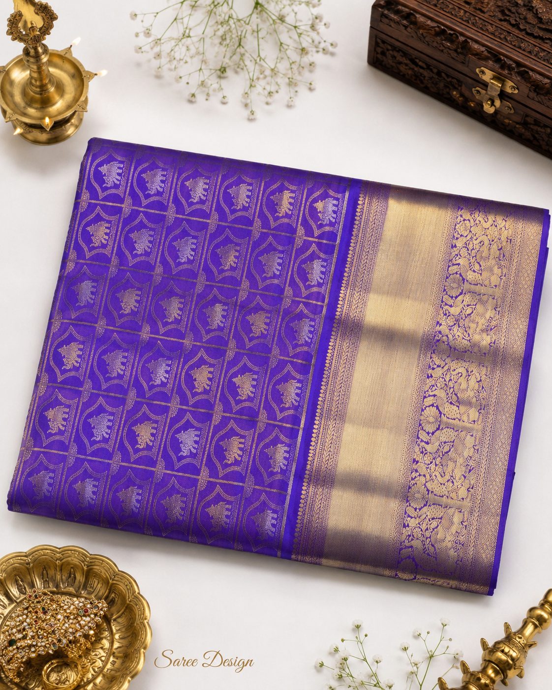 Royal purple Kanjivaram pure silk saree with gold zari — close-up detail 3 — Vasthara Boutique
