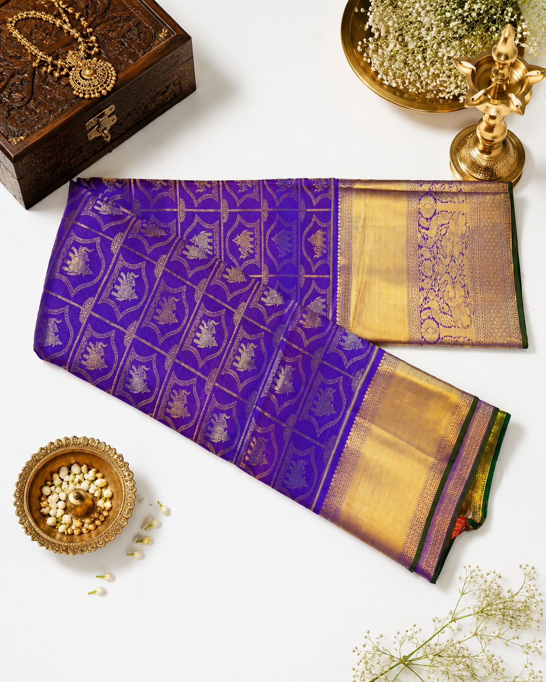 Royal purple Kanjivaram pure silk saree with gold zari — close-up detail 5 — Vasthara Boutique