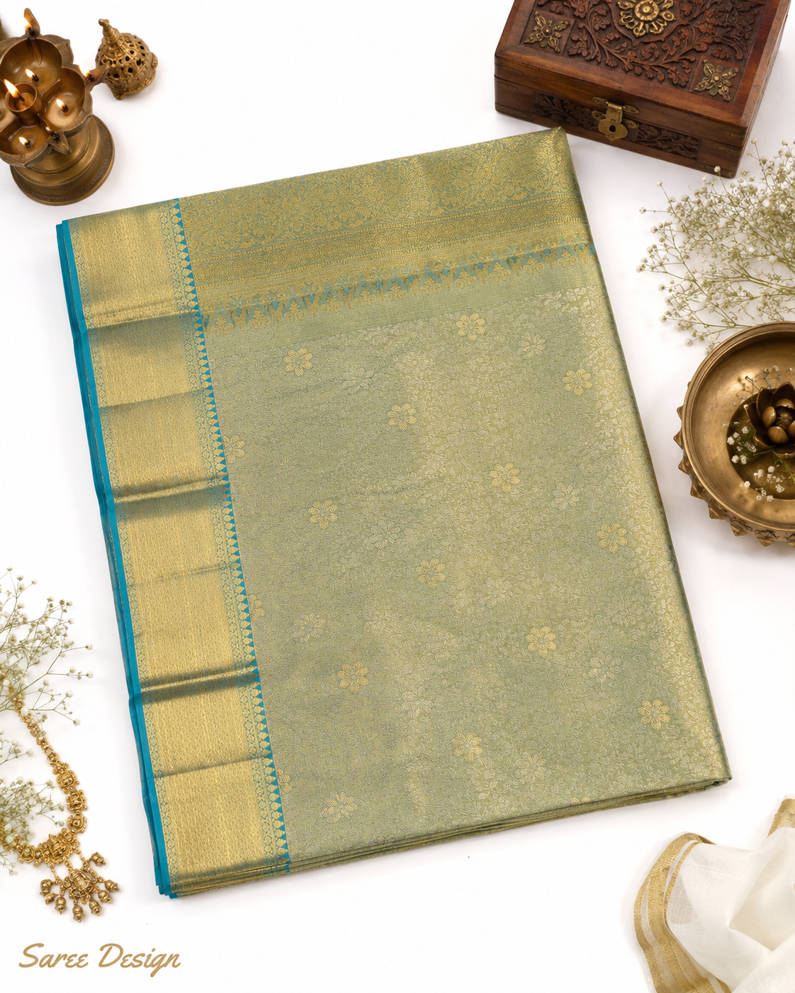 Green saree with gold border on a white background