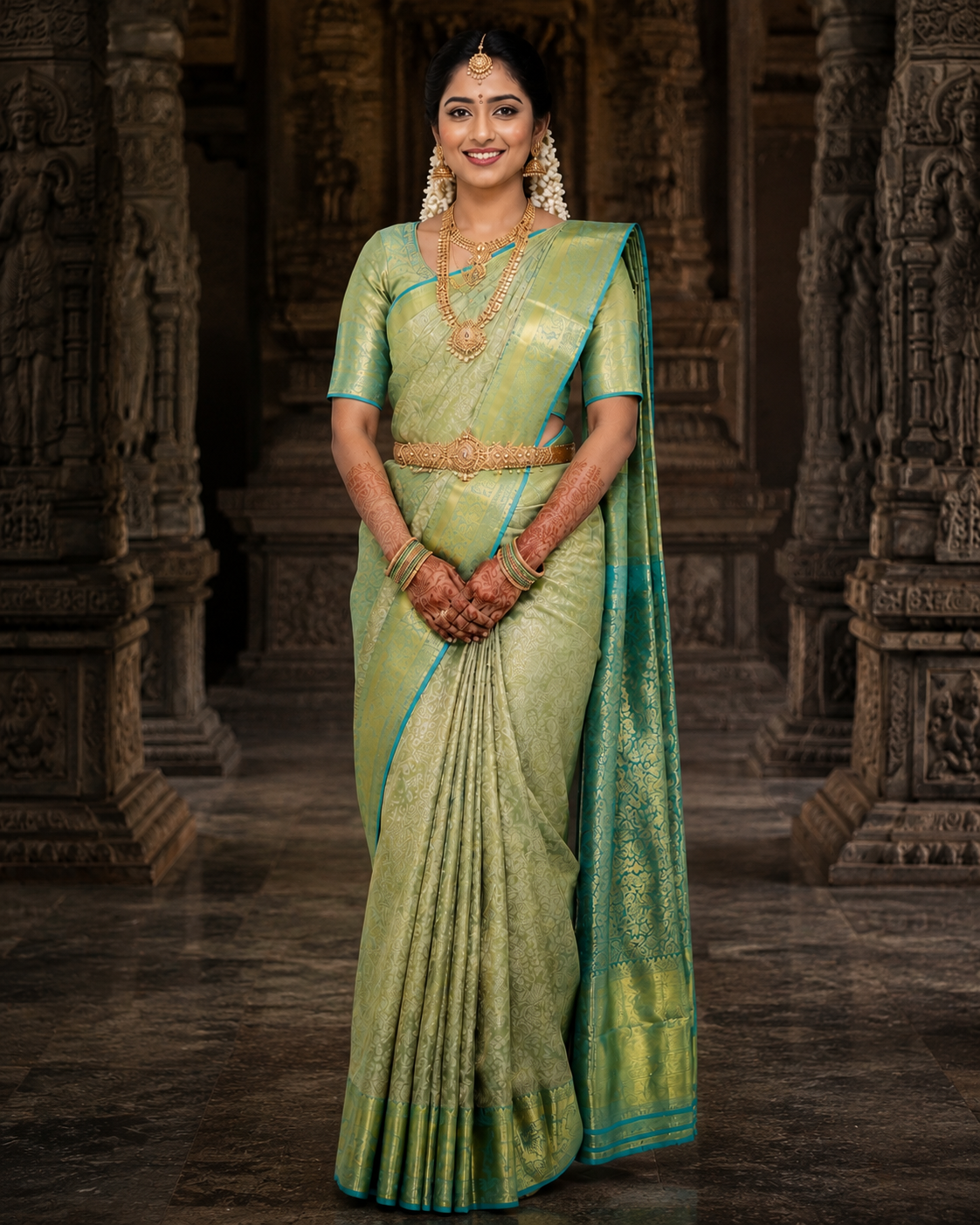 Woman in a green saree with gold jewelry standing in an ornate architectural setting
