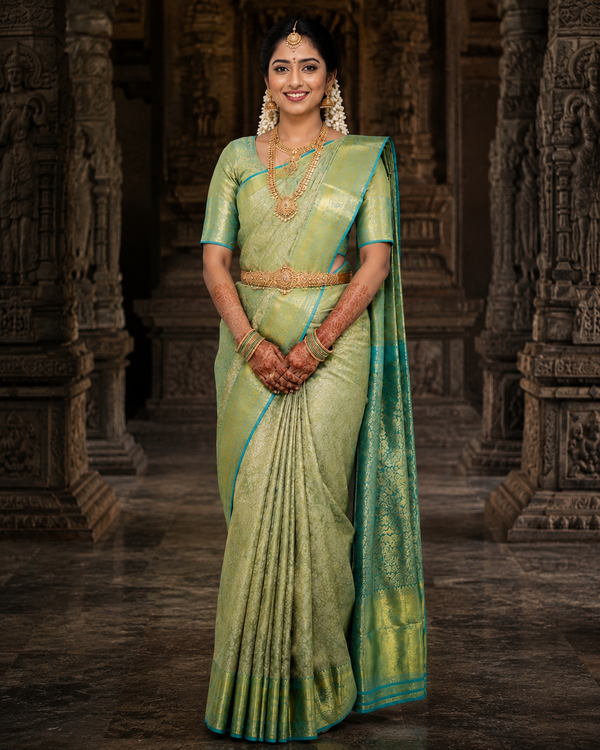 Woman in a green saree with gold jewelry standing in an ornate architectural setting