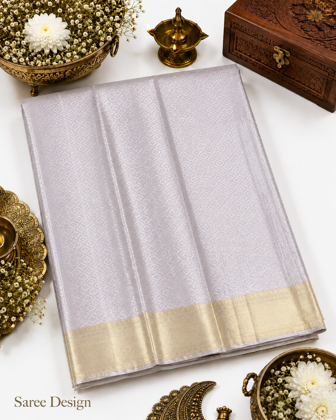 Silver saree with gold border on a white surface with decorative items.