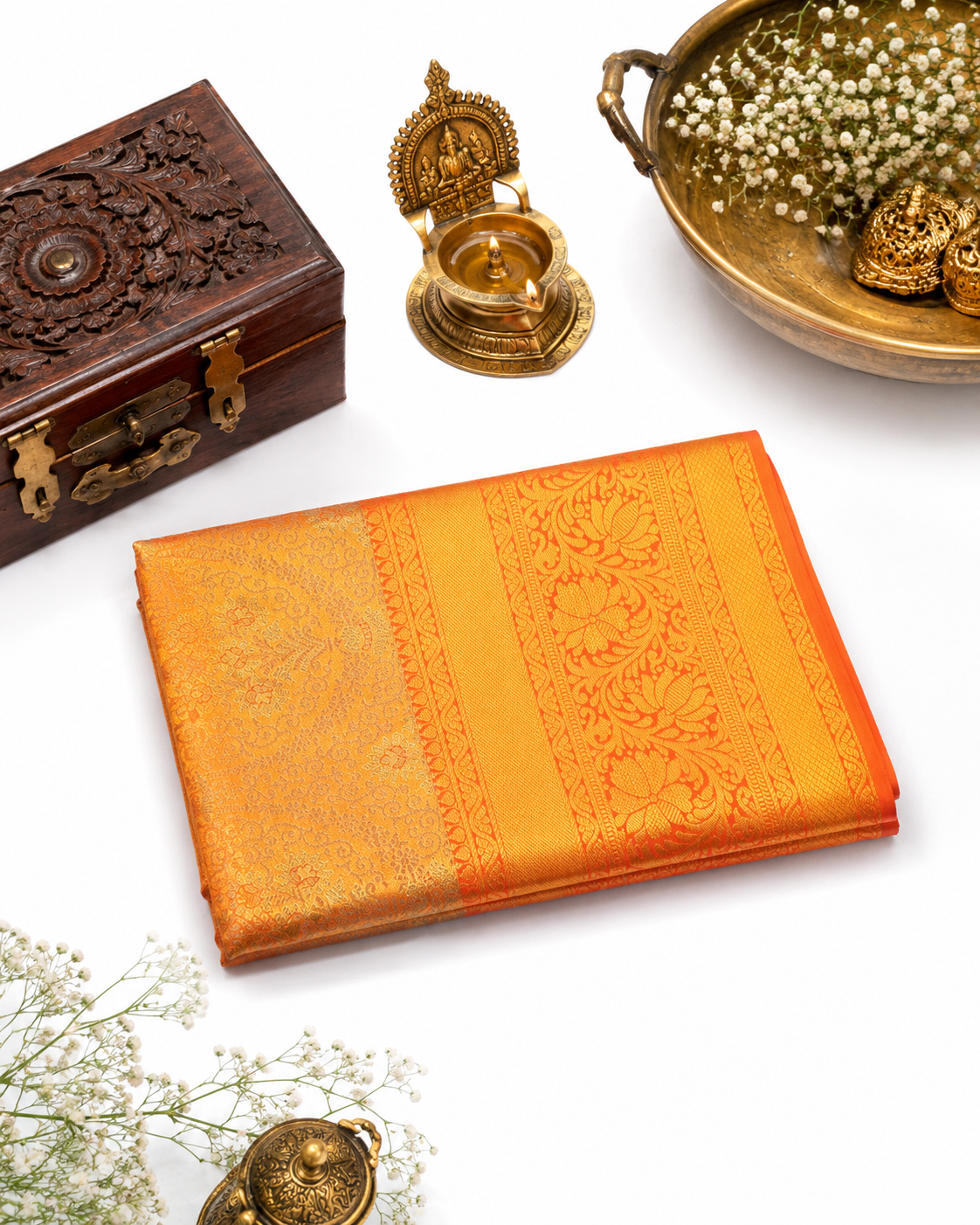 Sunset orange Kanjivaram pure silk saree with gold zari — close-up detail 3 — Vasthara Boutique