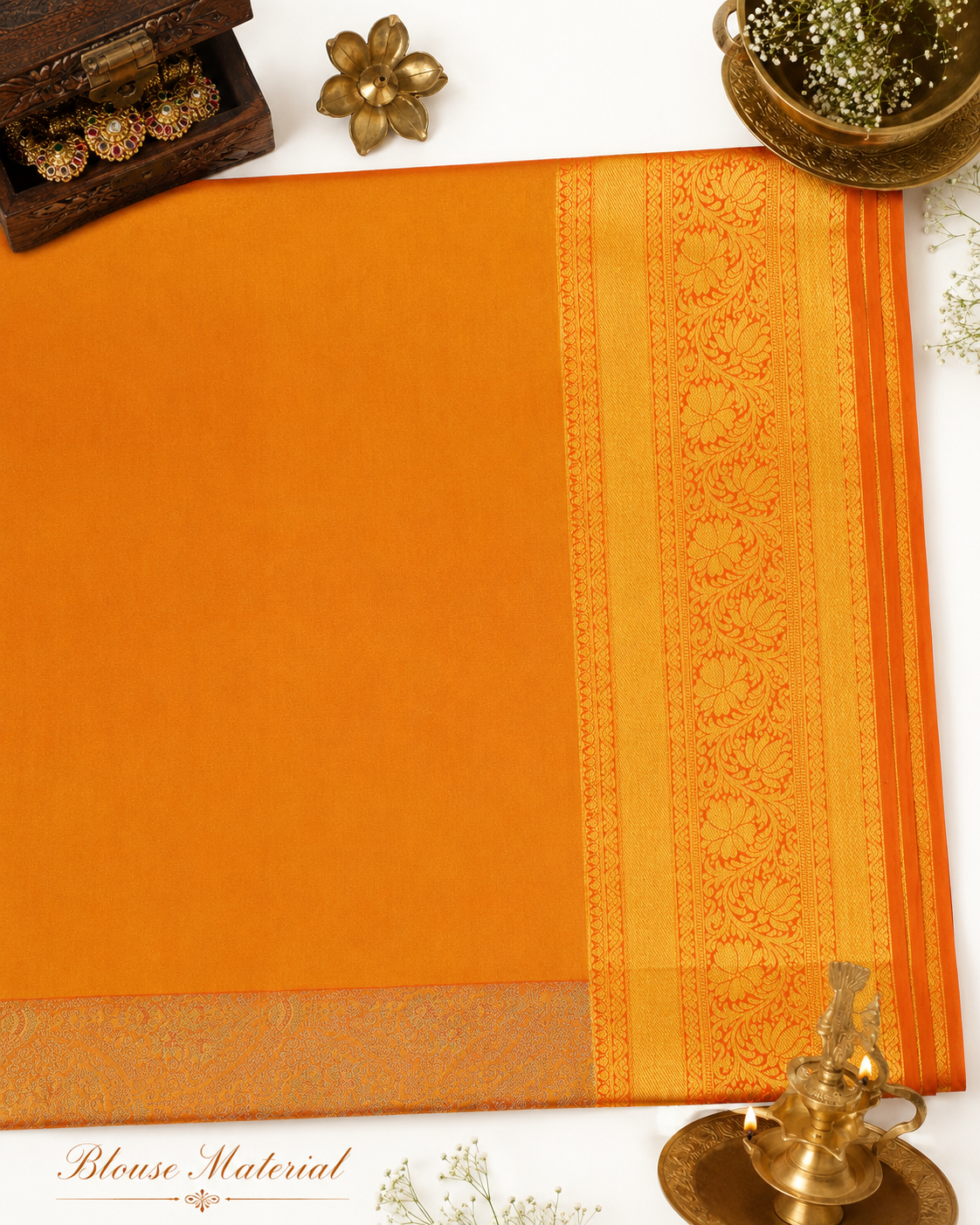 Sunset orange Kanjivaram pure silk saree with gold zari — close-up detail 4 — Vasthara Boutique