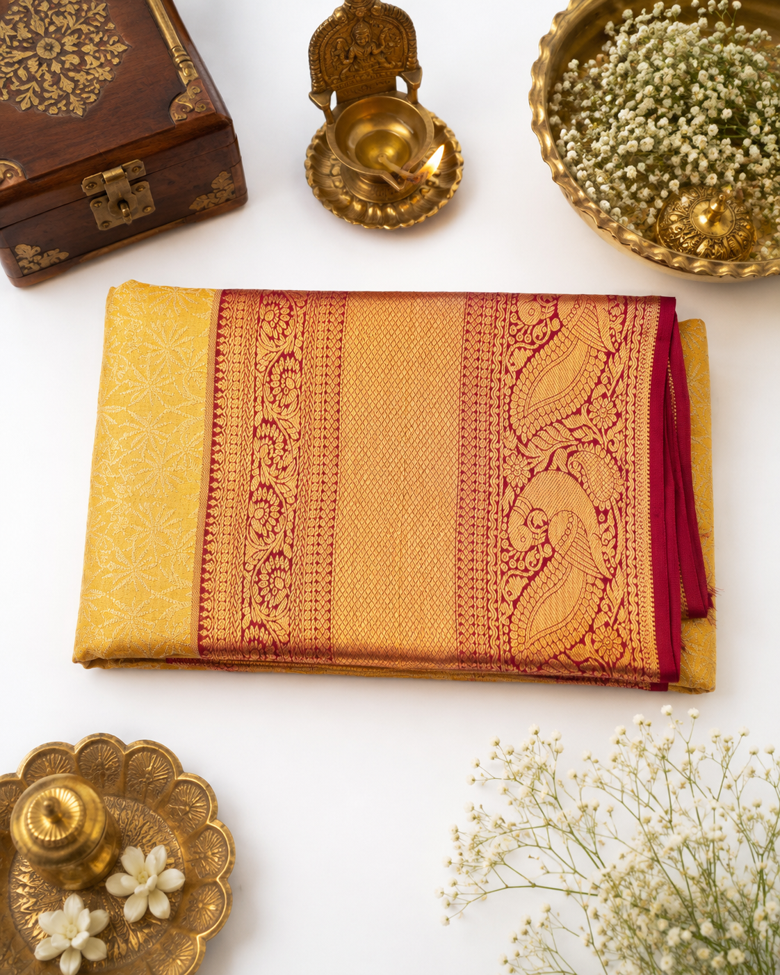 Turmeric yellow Kanjivaram pure silk saree with gold zari — close-up detail 2 — Vasthara Boutique