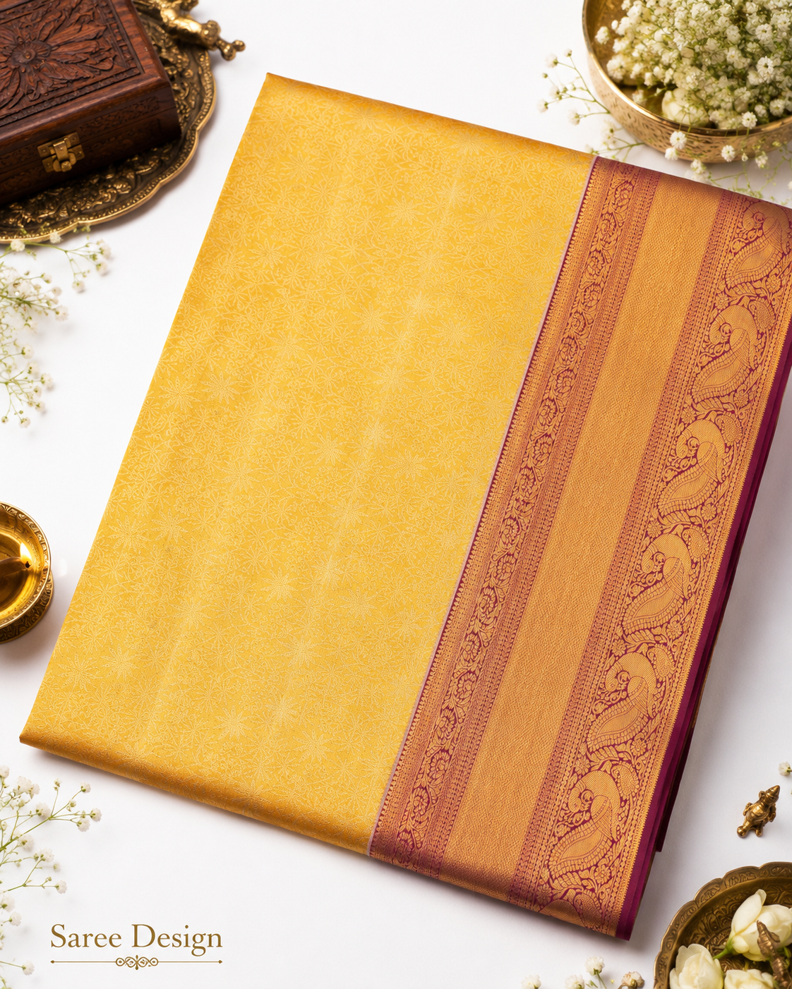 Turmeric yellow Kanjivaram pure silk saree with gold zari — close-up detail 3 — Vasthara Boutique