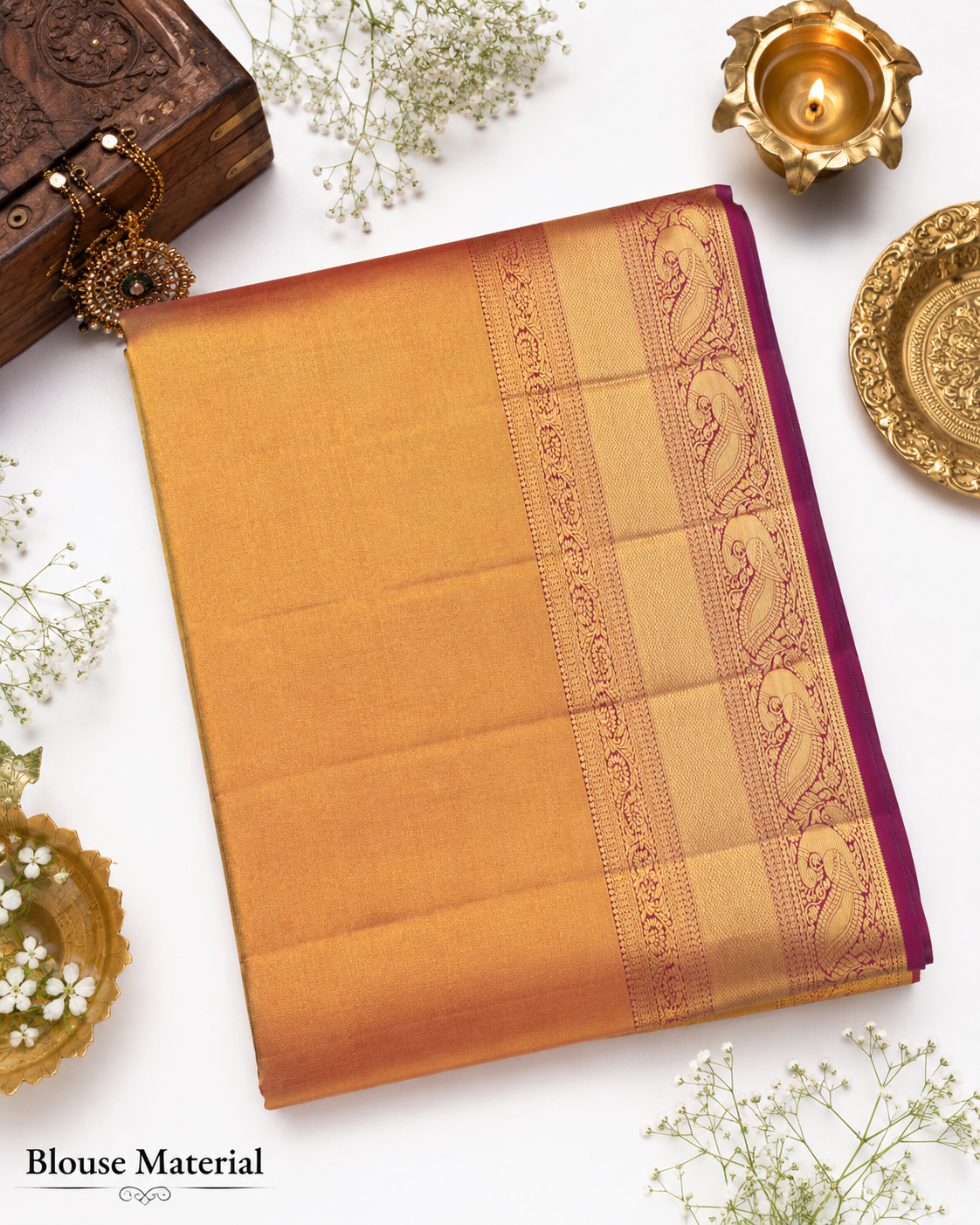Turmeric yellow Kanjivaram pure silk saree with gold zari — close-up detail 4 — Vasthara Boutique