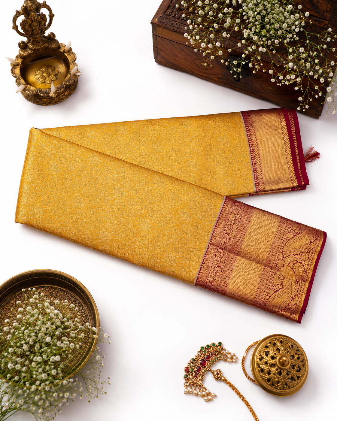 Turmeric yellow Kanjivaram pure silk saree with gold zari — close-up detail 5 — Vasthara Boutique