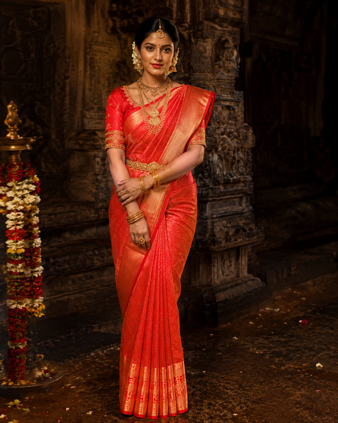 Vermilion red Kanjivaram silk saree with gold zari border, draped on model — Vermilion Red Kanjivaram Silk Saree, Vasthara Boutique