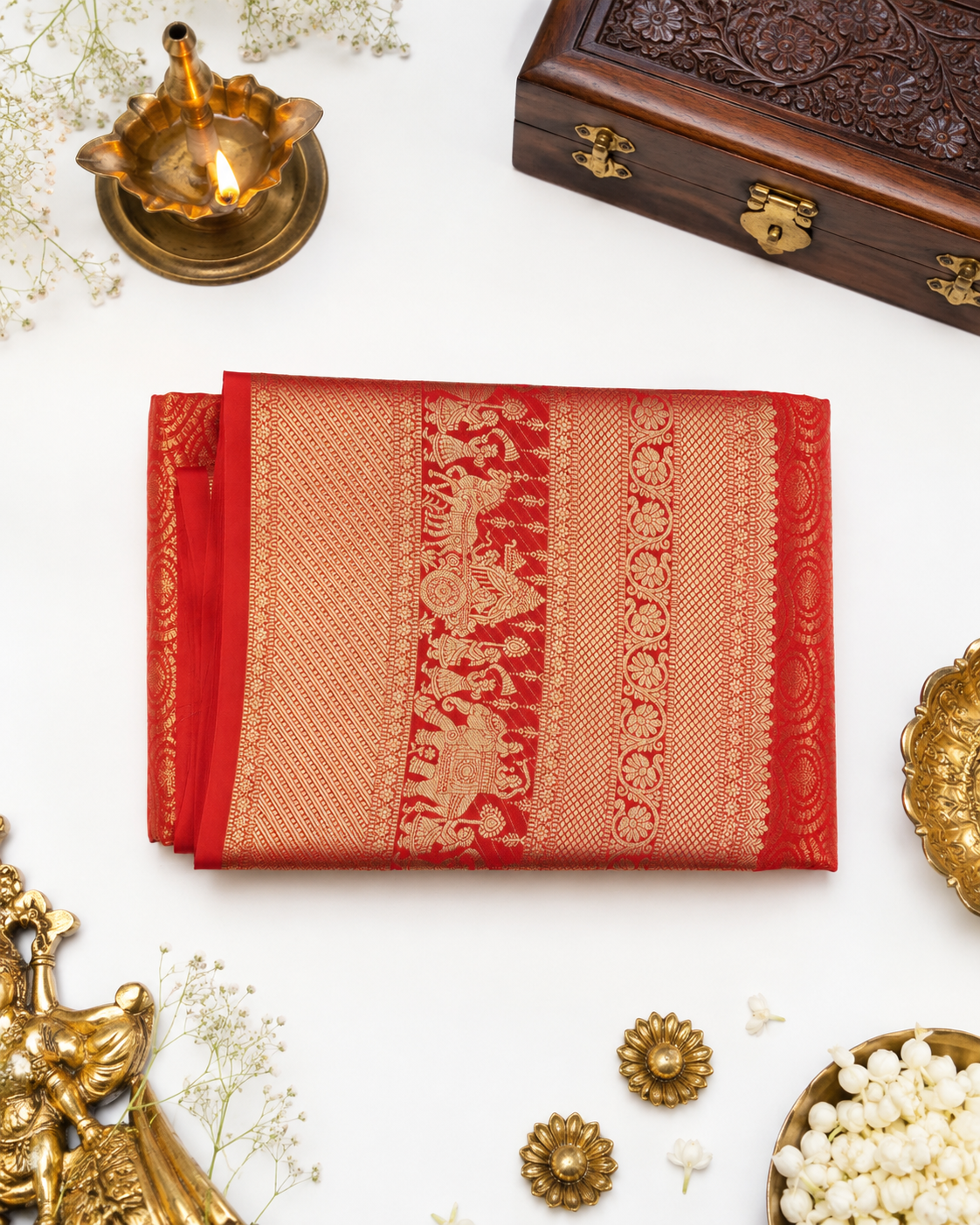 Vermilion red Kanjivaram pure silk saree with gold zari — close-up detail 2 — Vasthara Boutique