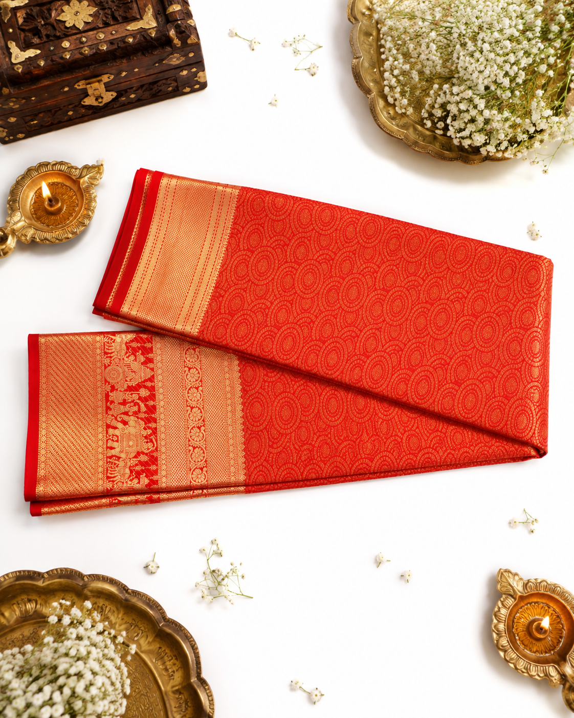 Vermilion red Kanjivaram pure silk saree with gold zari — close-up detail 3 — Vasthara Boutique