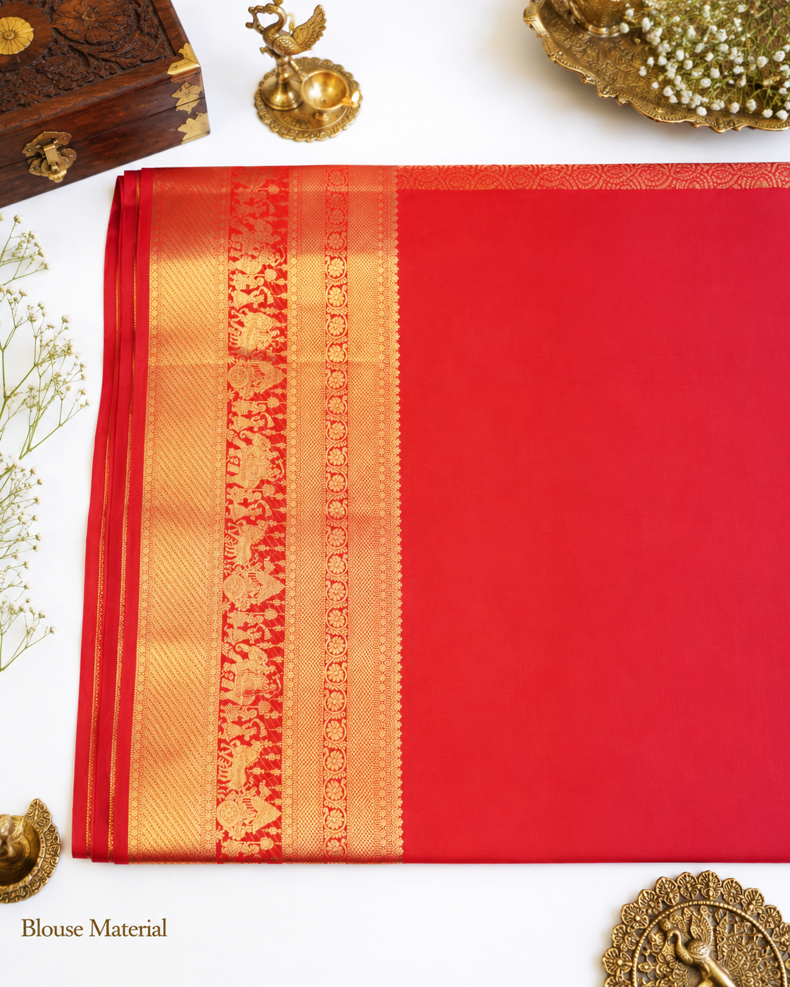 Vermilion red Kanjivaram pure silk saree with gold zari — close-up detail 4 — Vasthara Boutique
